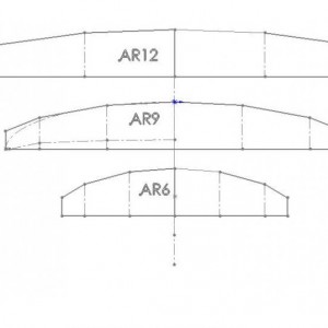 aspect ratio 6, 9 en 12
(aspect ratio=slankheid=spanwijdte/gemiddelde koorde=
=spanwijdte^2/vleugeloppervlak)