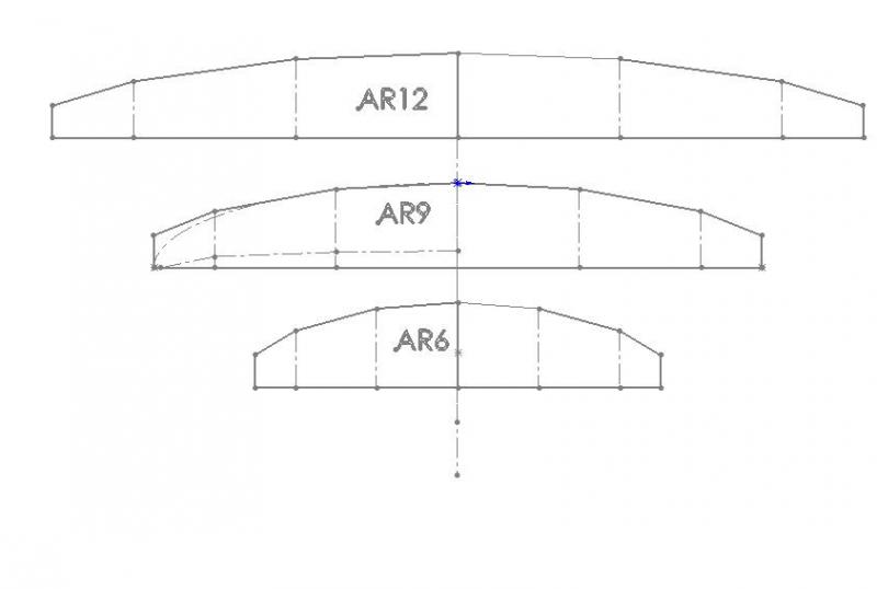 aspect ratio 6, 9 en 12
(aspect ratio=slankheid=spanwijdte/gemiddelde koorde=
=spanwijdte^2/vleugeloppervlak)