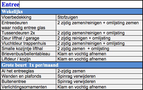 Schoonmaak programma entree